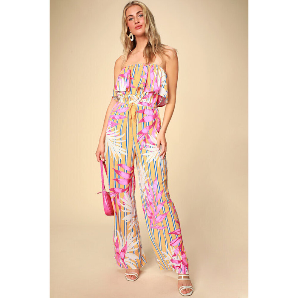 Lulus Montane Golden Yellow Tropical Print Strapless Jumpsuit